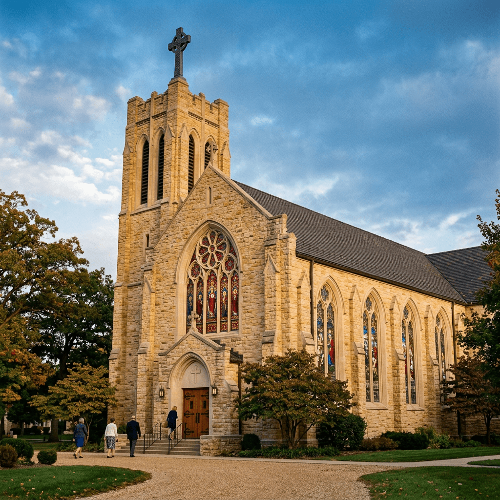 Stone church with tall bell tower, stained glass windows, and people walking inside