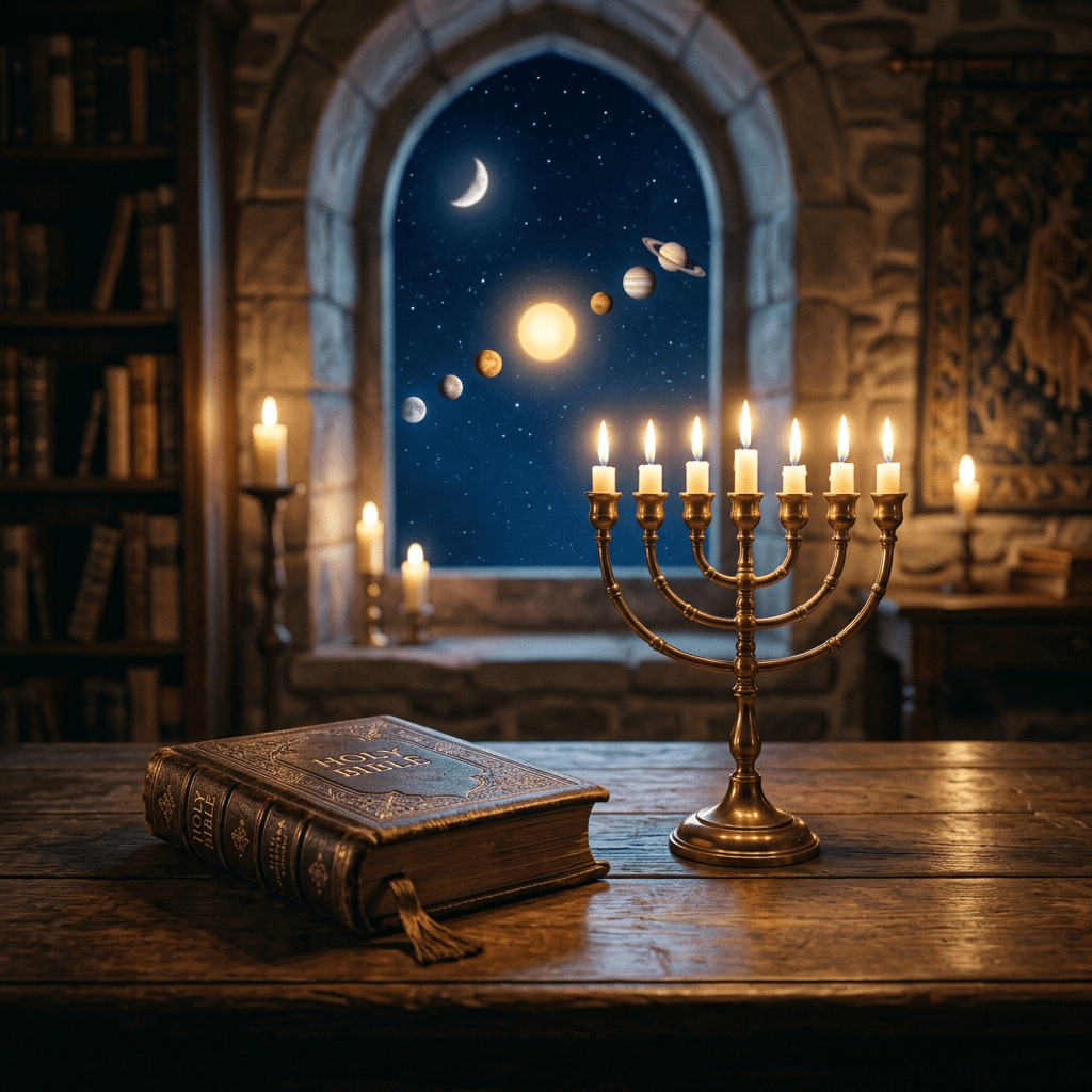 Holy Bible and lit menorah on wooden table with planets and moon visible through arched window
