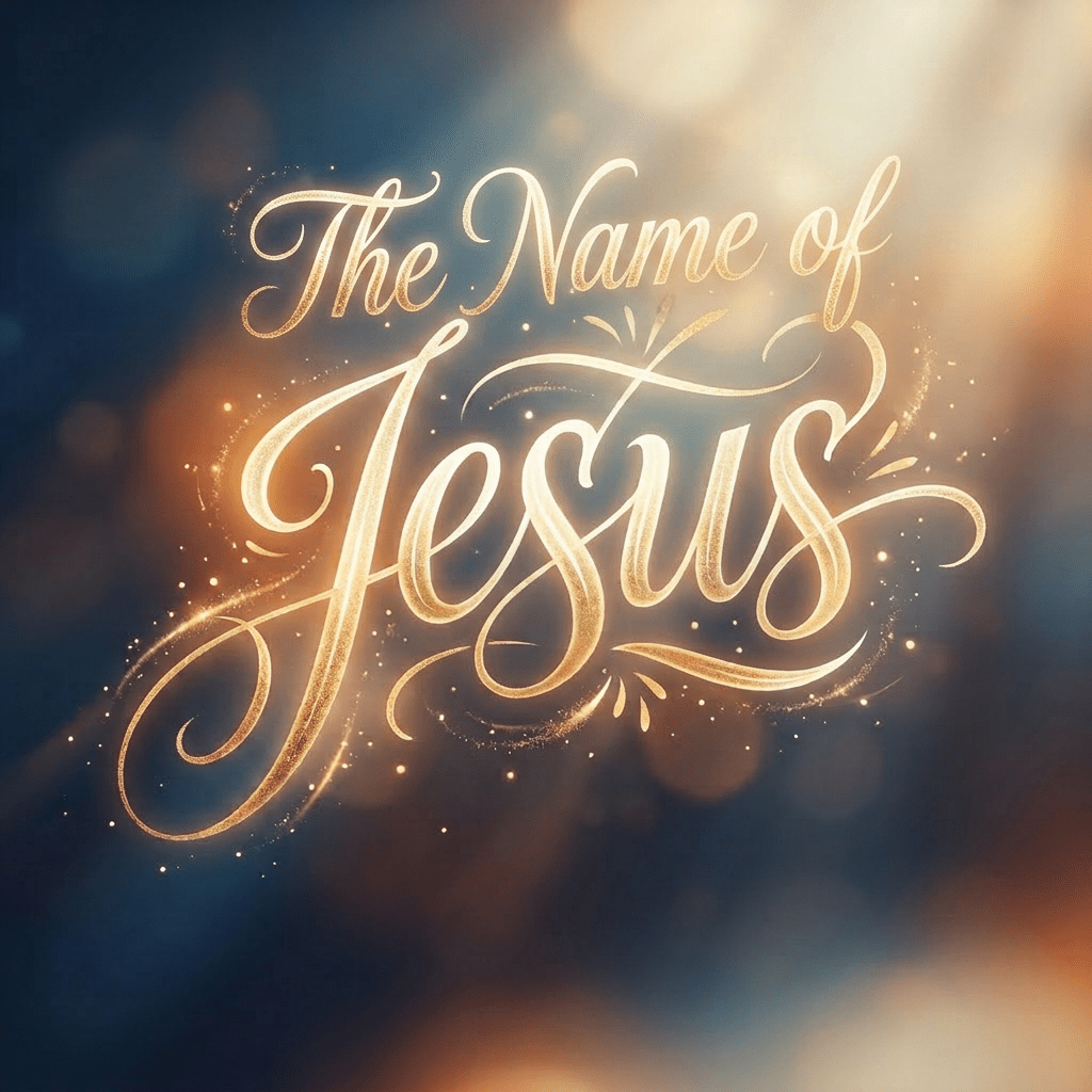 Glowing golden script of the word Jesus with sparkles on dark blurred background