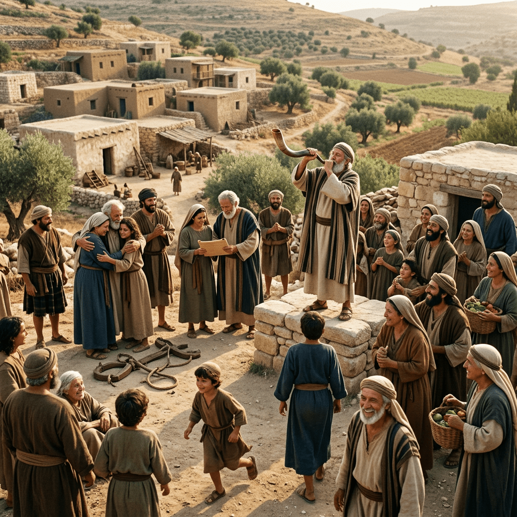 Group of villagers in ancient attire gathered around a man blowing a horn on a stone platform