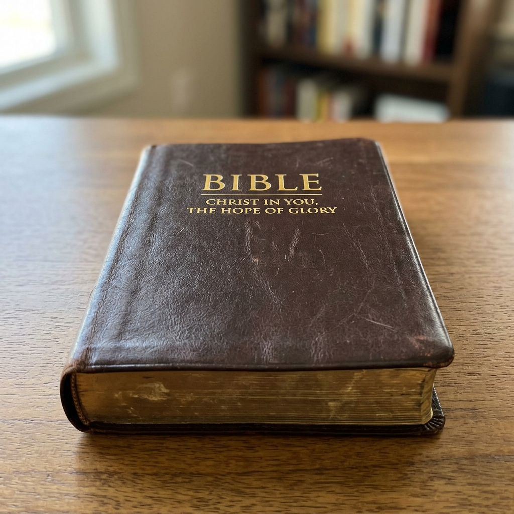 Leather-bound Bible titled 'Christ in you, the hope of glory' on wooden surface