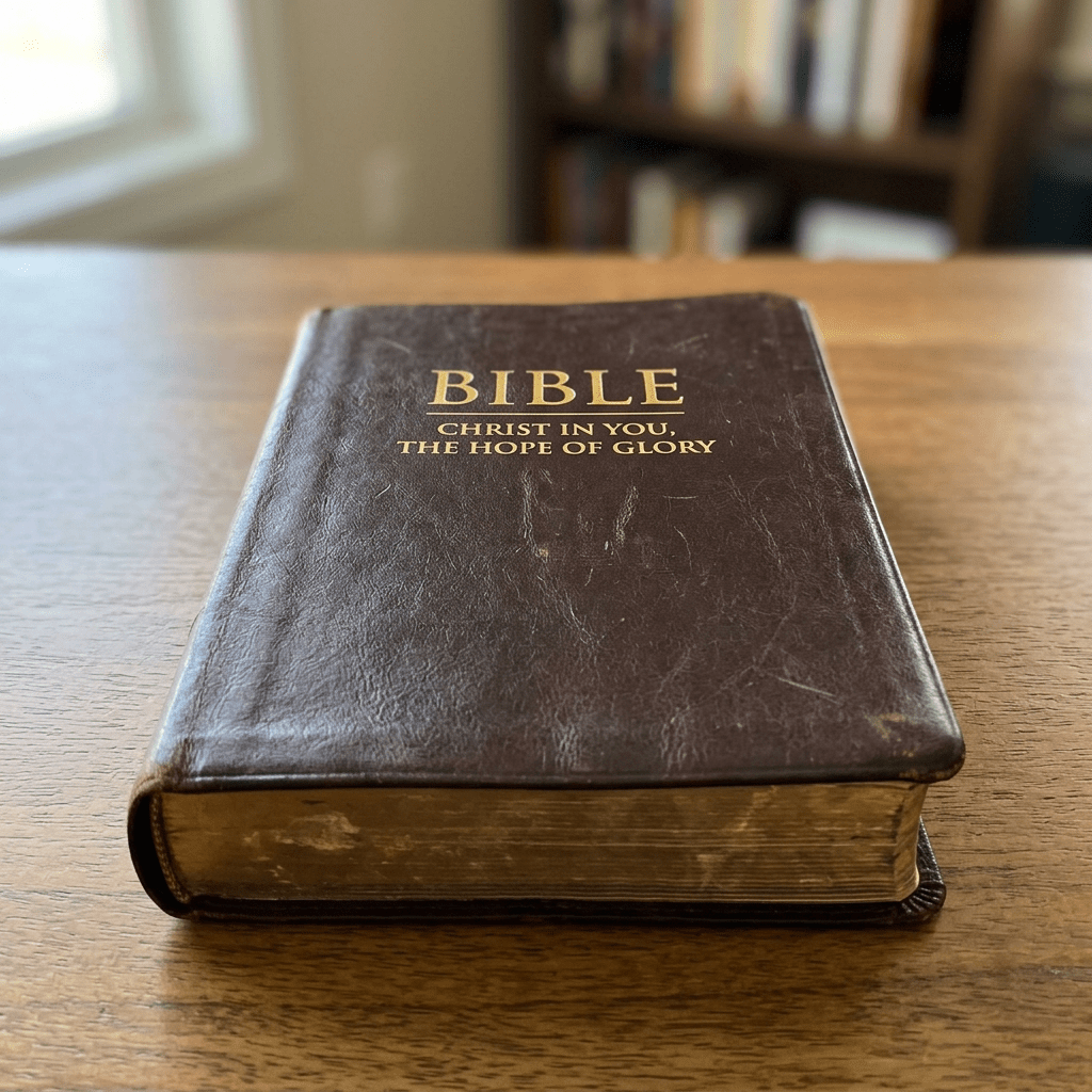 Leather-bound Bible titled 'Christ in you, the hope of glory' on wooden surface