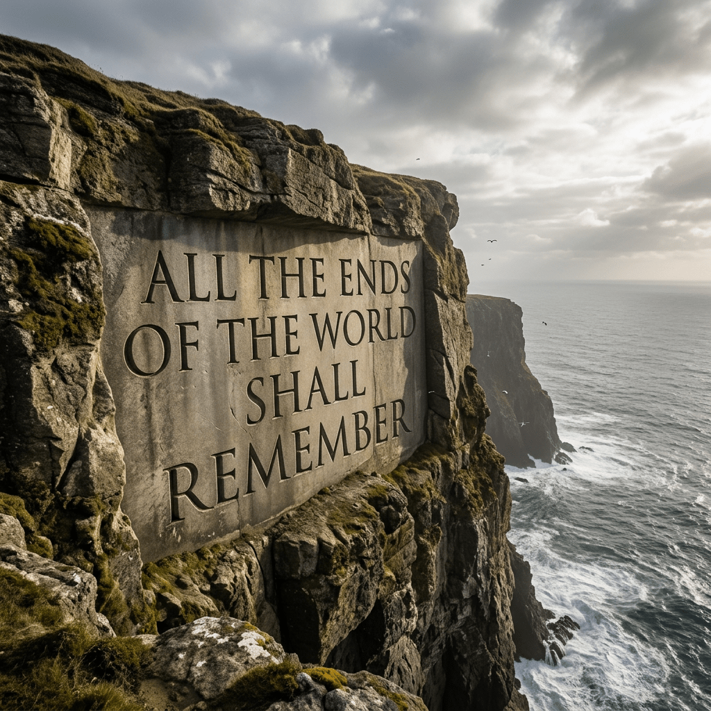 Engraved stone plaque with the words 'ALL THE ENDS OF THE WORLD SHALL REMEMBER' on a rugged cliff above the sea