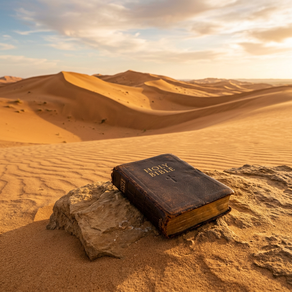 Old Holy Bible on rocks in desert with sand dunes