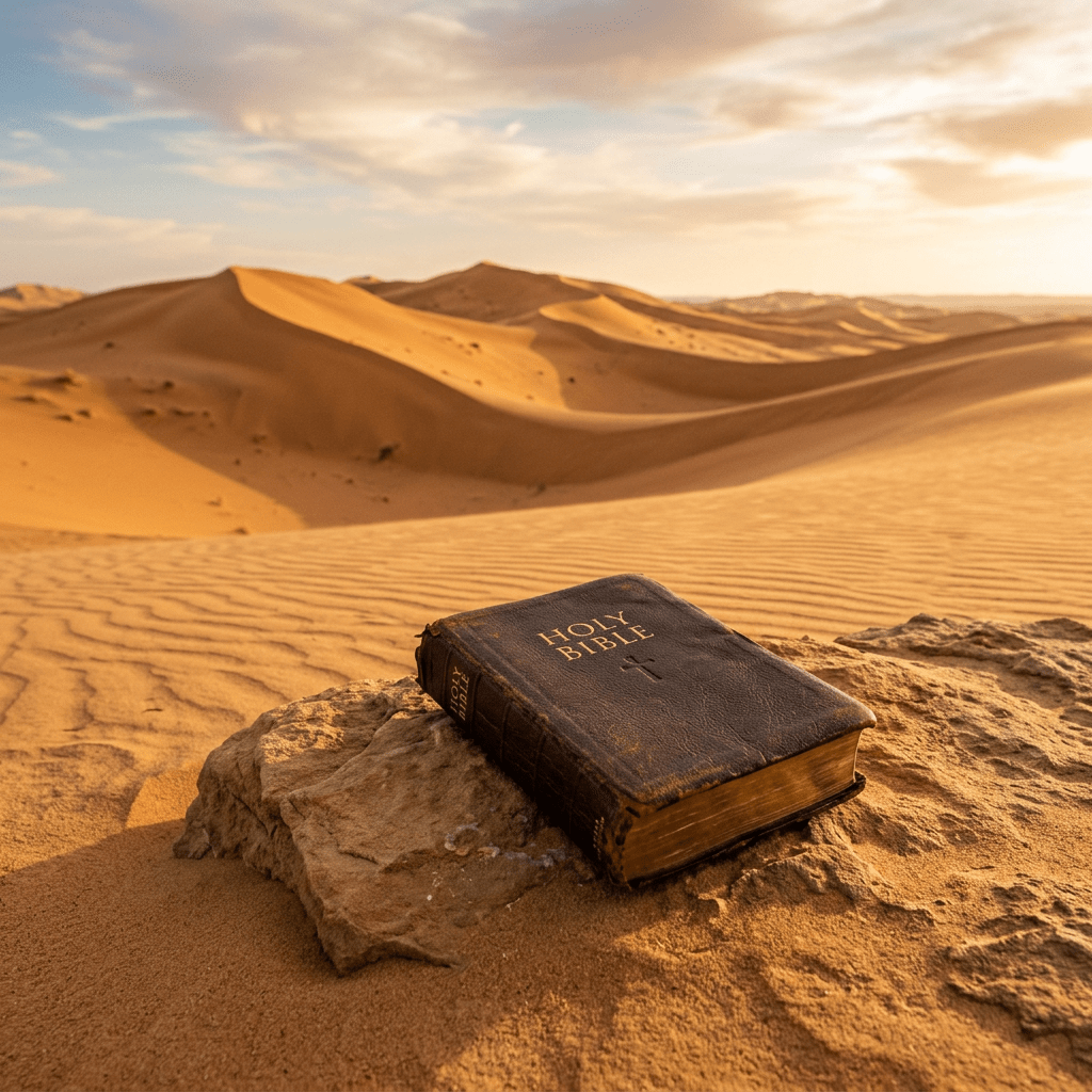 Old Holy Bible on rocks in desert with sand dunes
