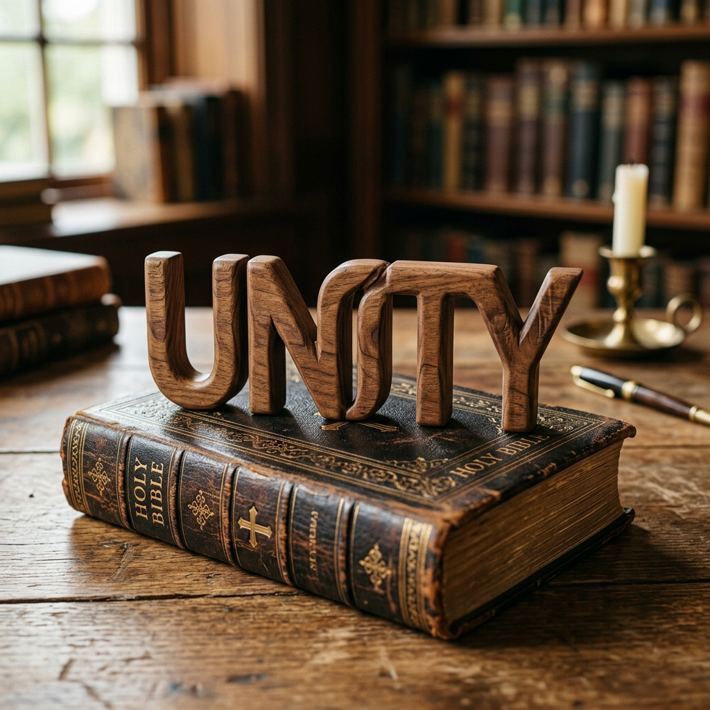 Wooden letters spelling 'UNITY' placed on an old Holy Bible on a wooden table