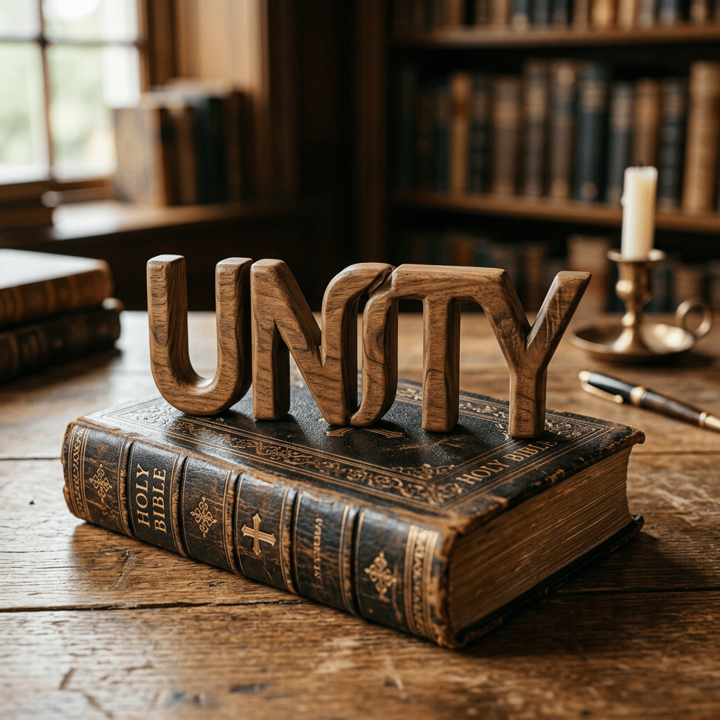 Wooden letters spelling 'UNITY' placed on an old Holy Bible on a wooden table