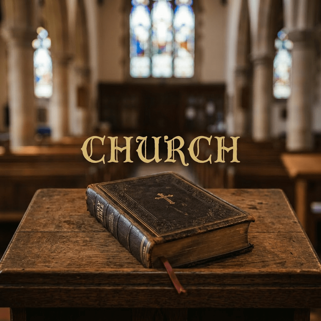 Old Holy Bible on wooden lectern in church interior with stained glass windows