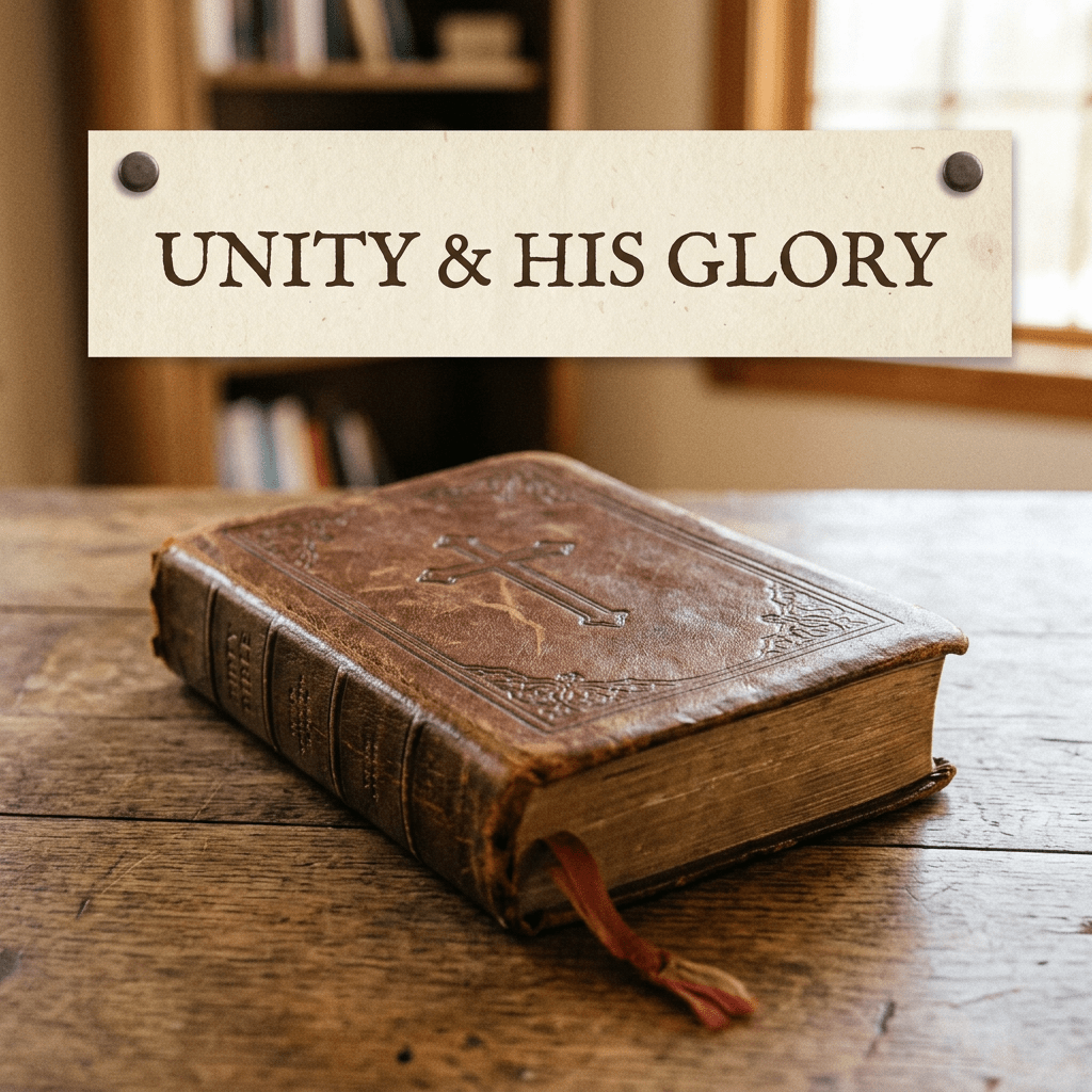 Leather-bound Bible on wooden table with overlay text 'UNITY & HIS GLORY'