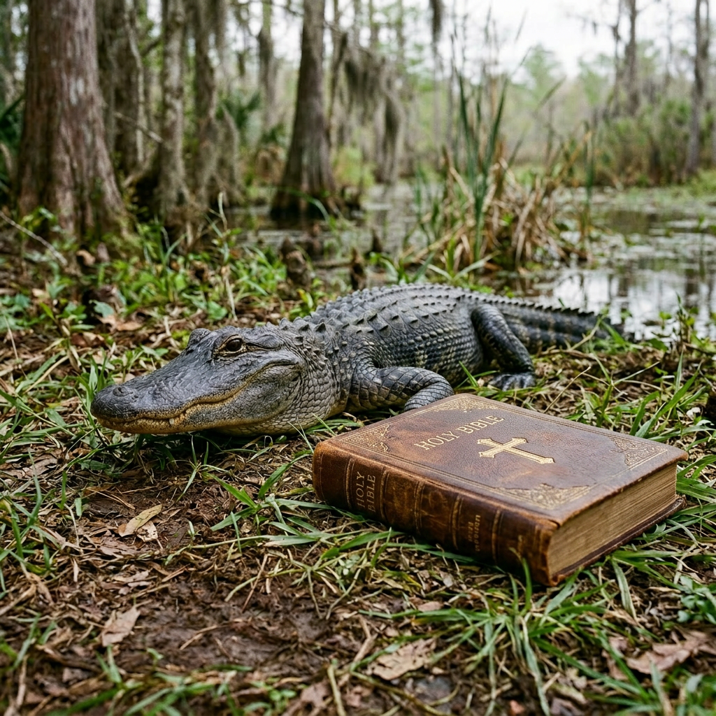 Alligator resting on grass near a Holy Bible with a cross on the cover
