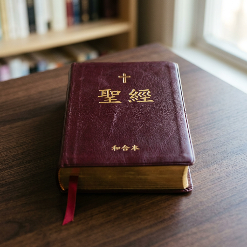 Chinese Bible with gold text and a cross on the cover lying on a dark wooden table