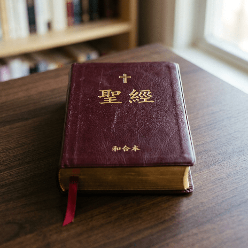 Chinese Bible with gold text and a cross on the cover lying on a dark wooden table