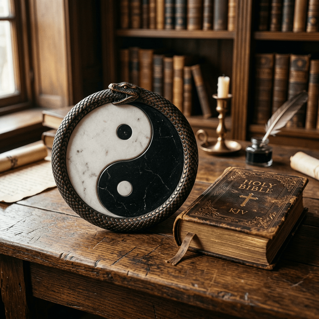 Yin-yang symbol encircled by a snake sculpture next to a leather-bound Holy Bible with candle and quill on desk