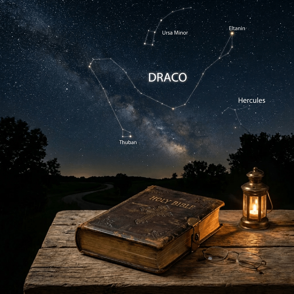 An old Bible on a wooden table with a lit lantern, rosary beads, glasses, and star constellations Draco, Ursa Minor, and Hercules in the night sky