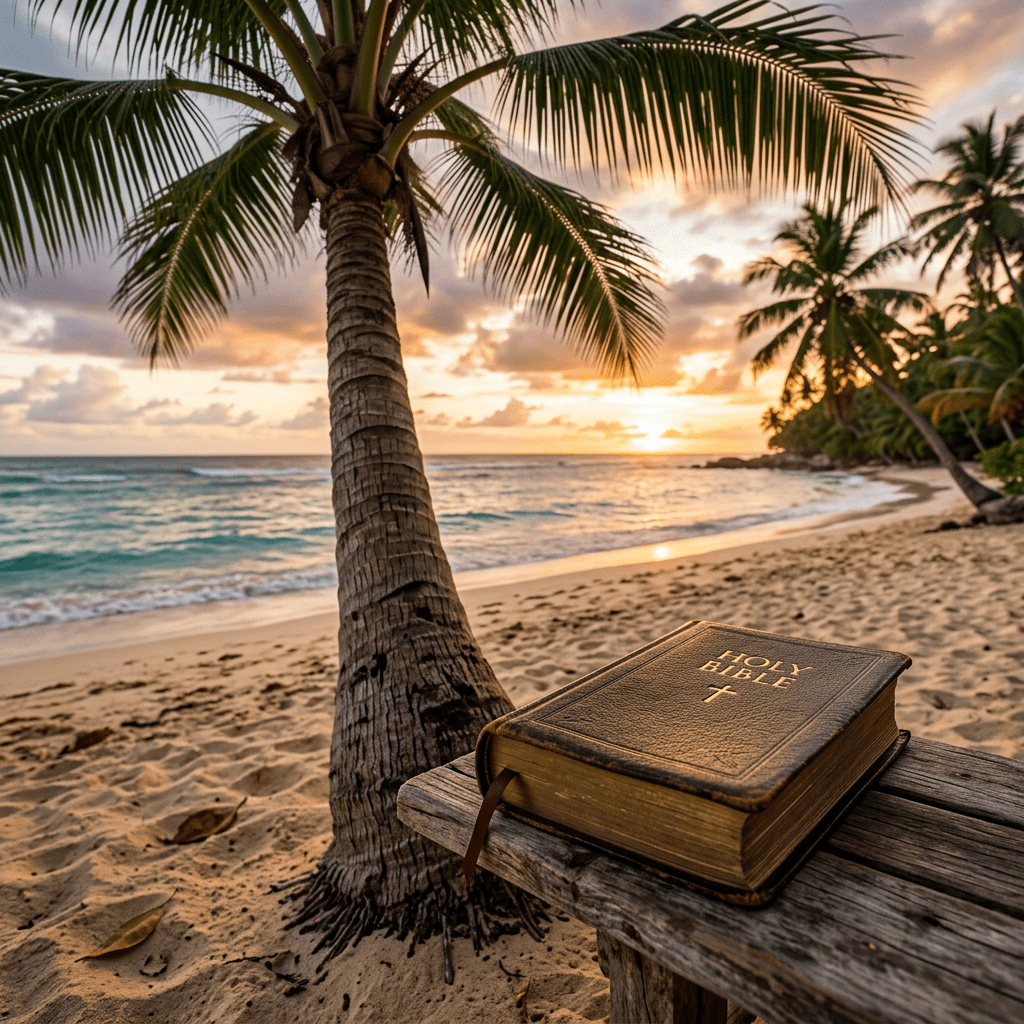 Holy Bible on wooden bench under palm tree by ocean at sunset