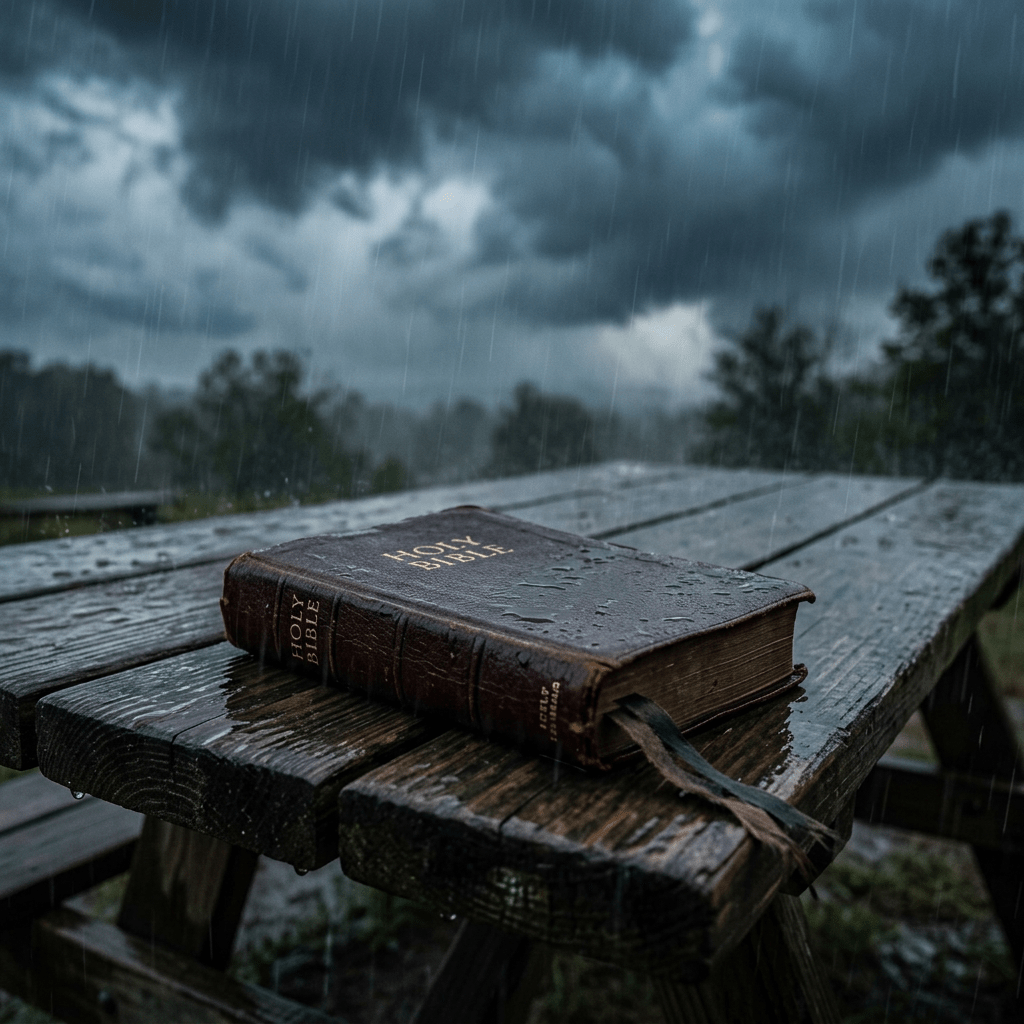 Holy Bible with raindrops on a wooden picnic table during a rainstorm