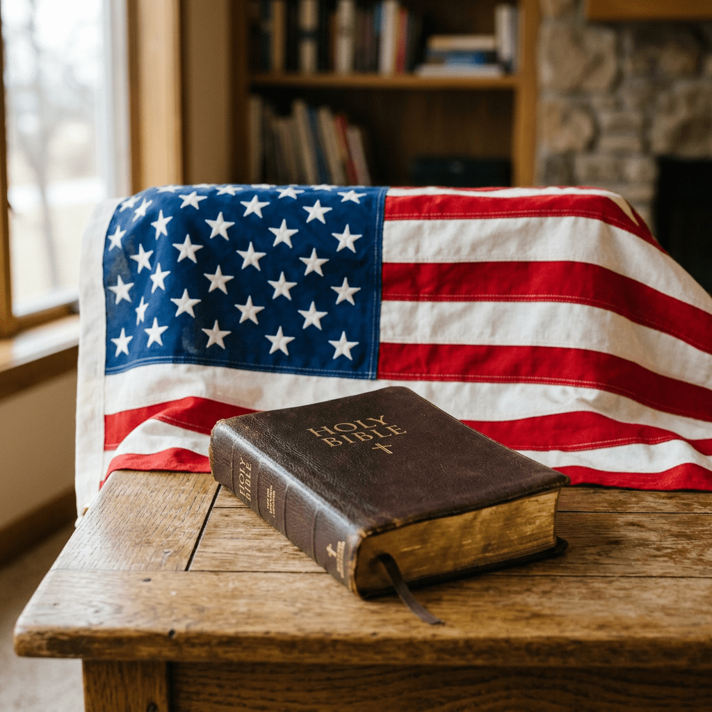 Holy Bible on wooden table with folded American flag behind it