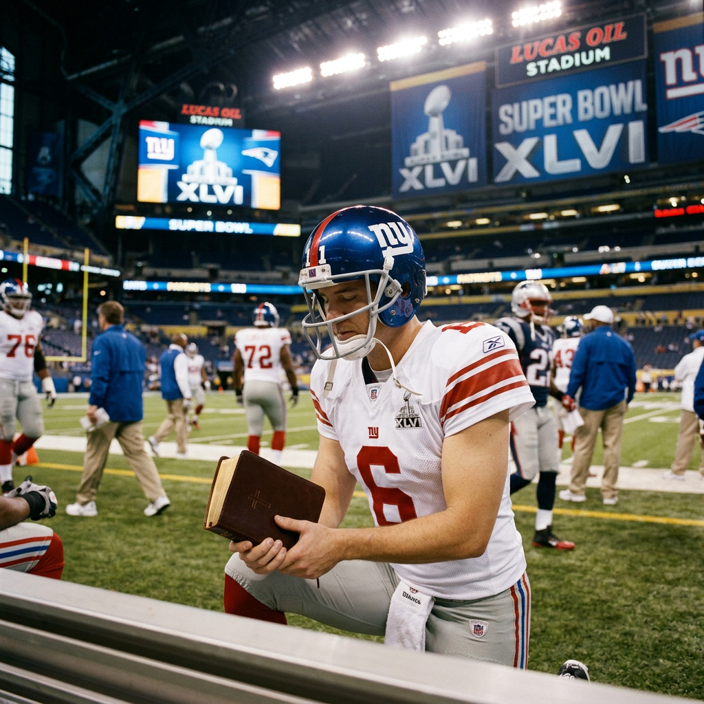 New York Giants football player kneeling and holding a Bible on the field before Super Bowl XLVI