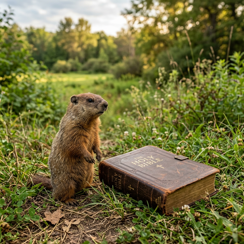 Groundhog standing on grass next to a vintage leather-bound Holy Bible outdoors