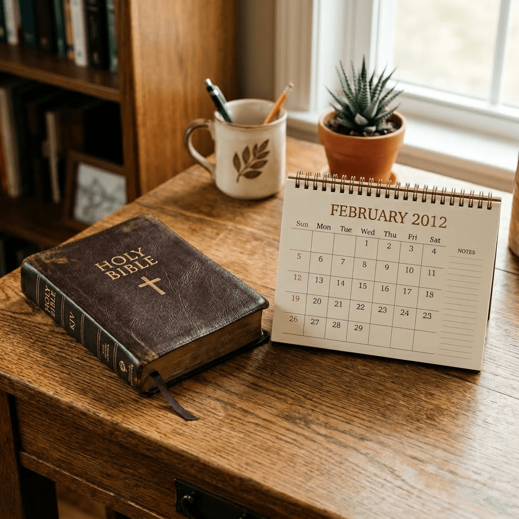 Holy Bible with a cross on the cover next to a February 2025 calendar on a wooden desk