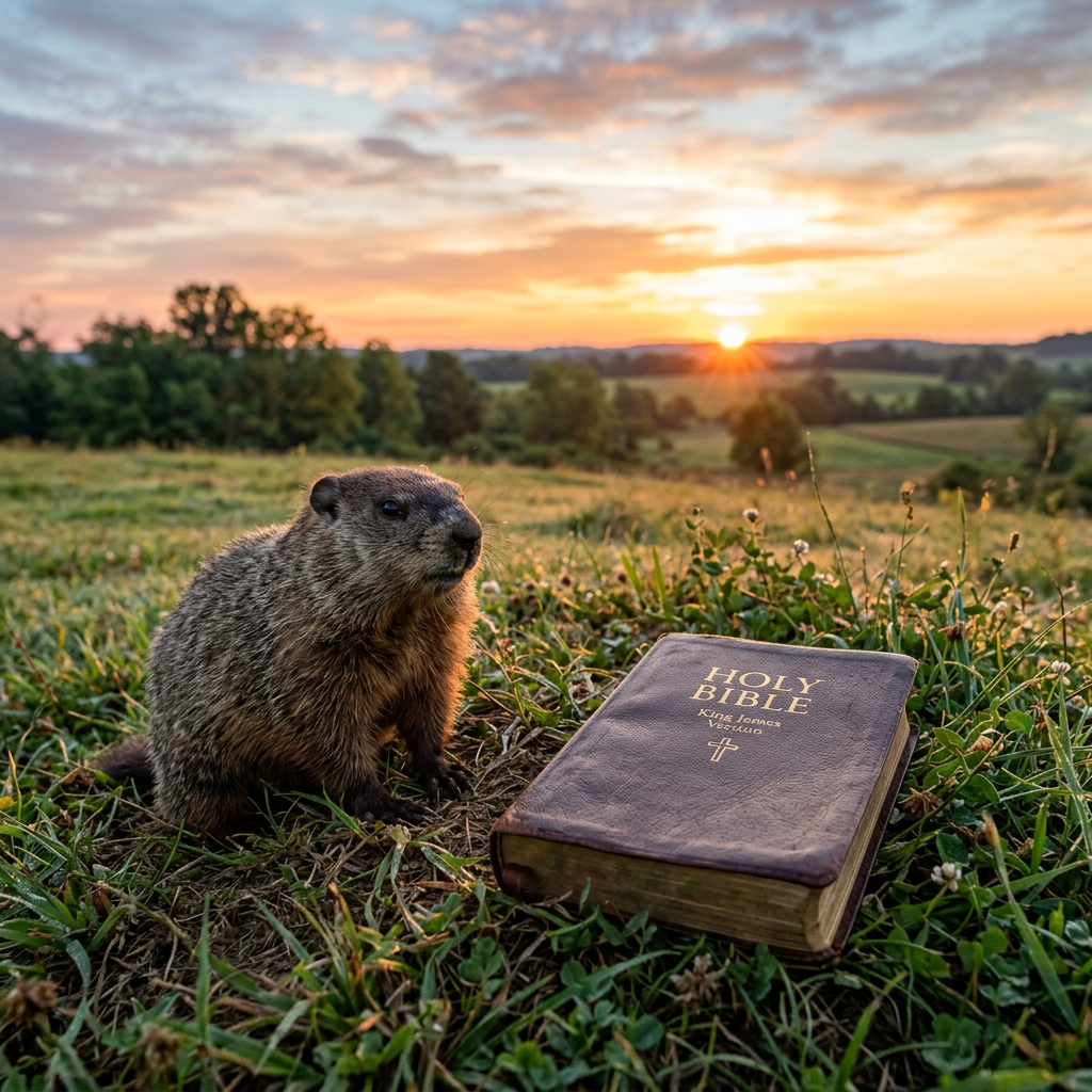 Groundhog sitting next to a closed Holy Bible on grass at sunset