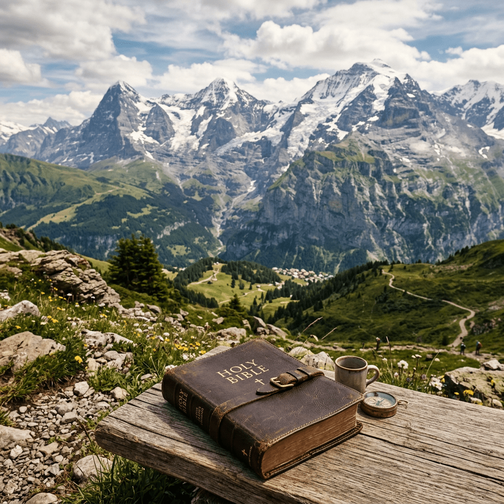 Leather-bound Holy Bible on a bench with a compass and mug, with mountains in background