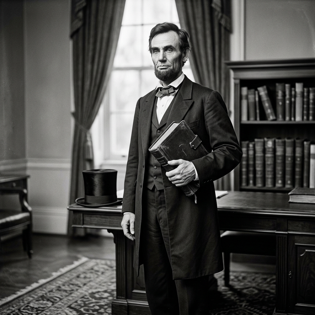Abraham Lincoln in formal 19th-century attire holding a book in an office.