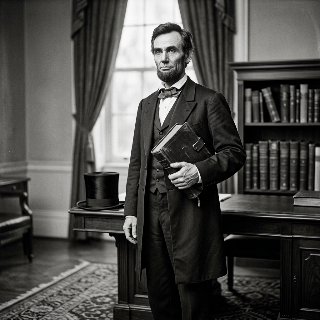 Abraham Lincoln in formal 19th-century attire holding a book in an office.