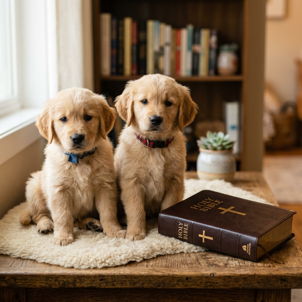 Two Golden Retriever puppies sitting on a fluffy rug beside a closed Holy Bible on a wooden table