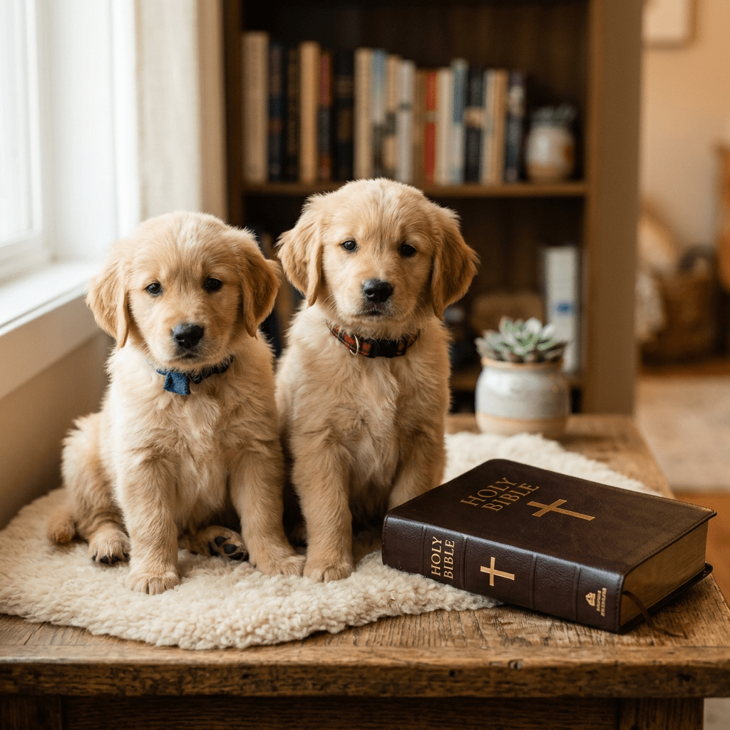 Two Golden Retriever puppies sitting on a fluffy rug beside a closed Holy Bible on a wooden table