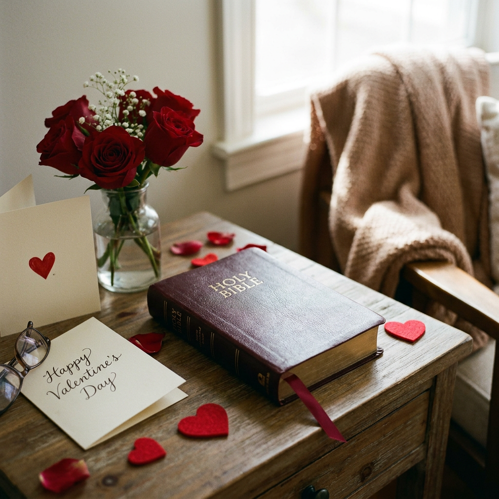 Bible, red roses in vase, Valentine's Day cards, and red heart decorations on wooden table