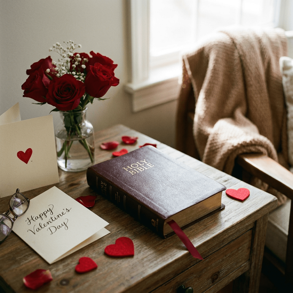 Bible, red roses in vase, Valentine's Day cards, and red heart decorations on wooden table