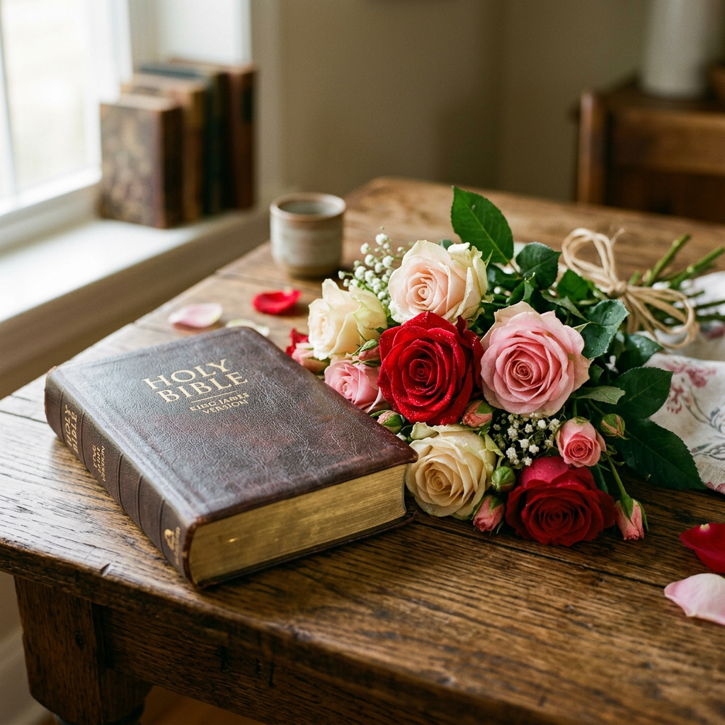 Holy Bible book beside a bouquet of red and pink roses on a wooden table