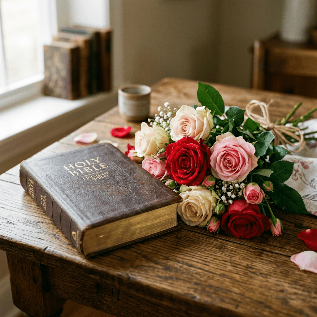Holy Bible book beside a bouquet of red and pink roses on a wooden table