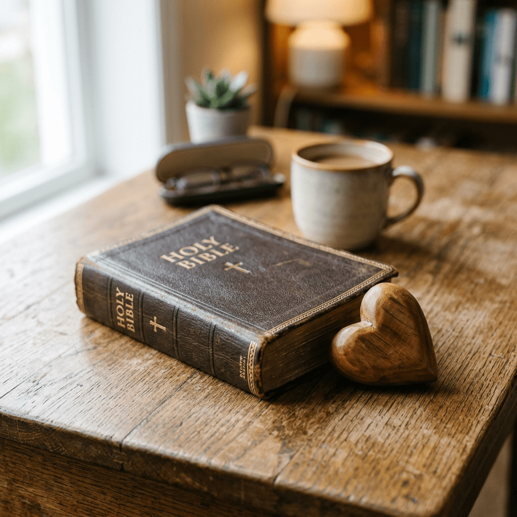 Leather-bound Holy Bible on wooden table with wooden heart and coffee cup