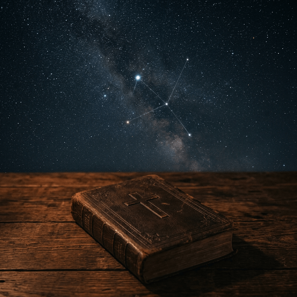 Old leather-bound Bible on wooden surface under starry night sky with constellation lines