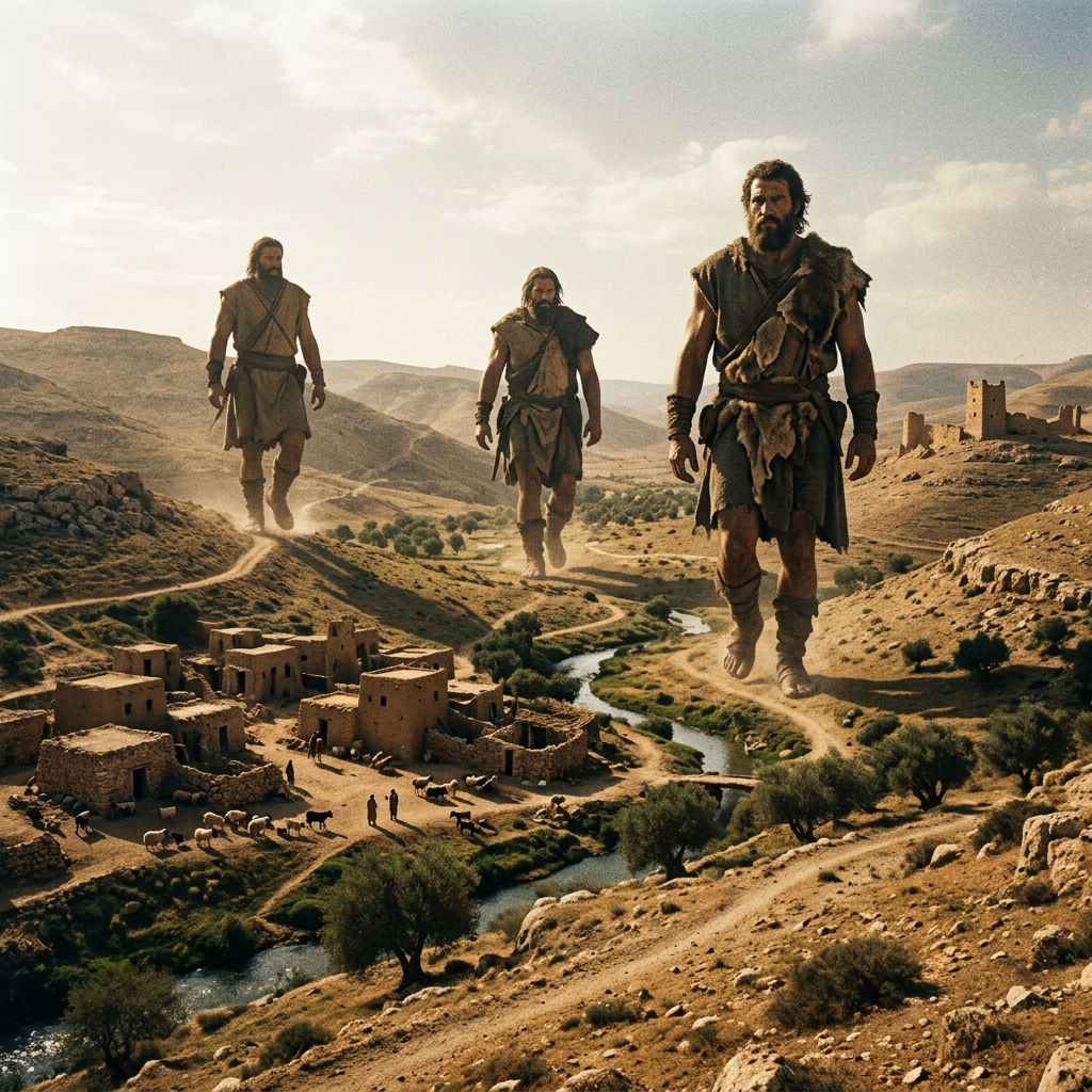 Three giant men wearing animal skins walking along paths near an ancient village with stone buildings and a river.