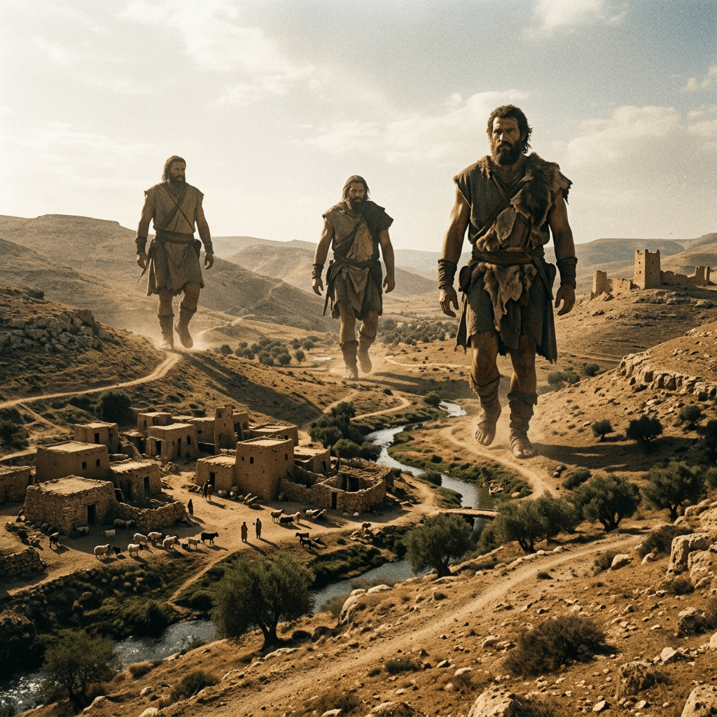 Three giant men wearing animal skins walking along paths near an ancient village with stone buildings and a river.