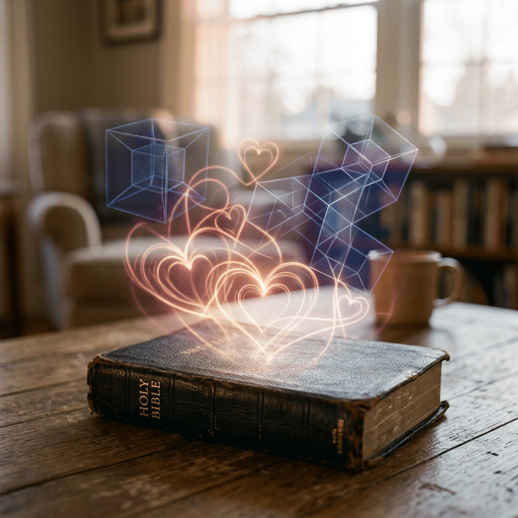 Old Holy Bible on table with glowing hearts and transparent geometric cubes above it