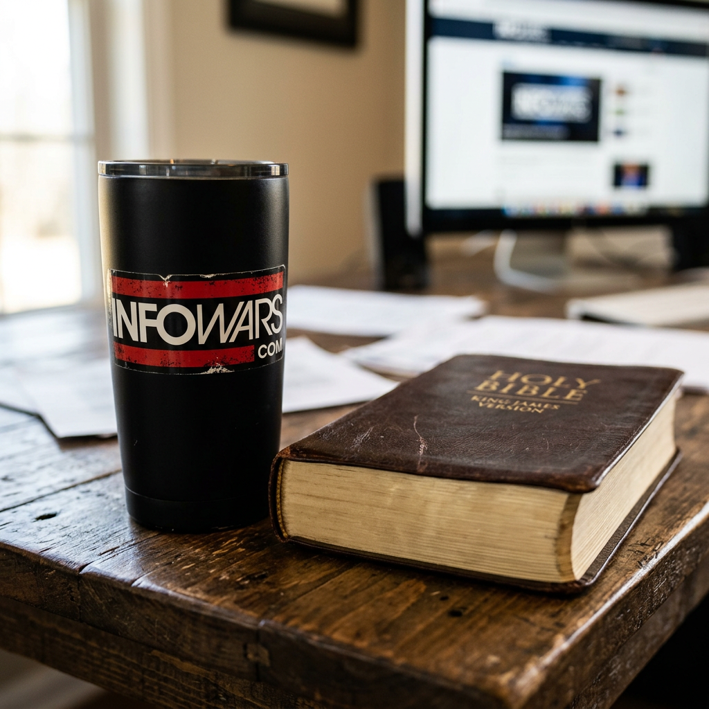 Infowars logo beside closed Bible