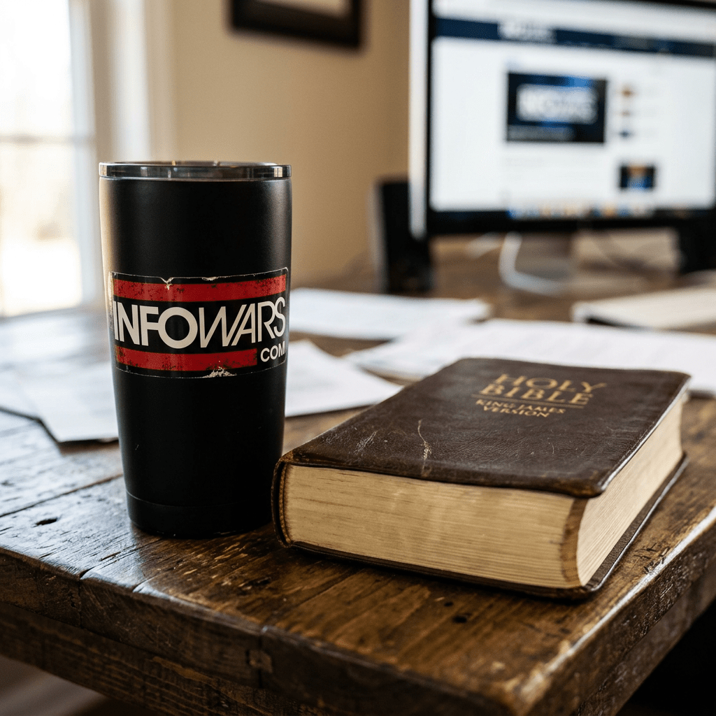 Infowars logo beside closed Bible