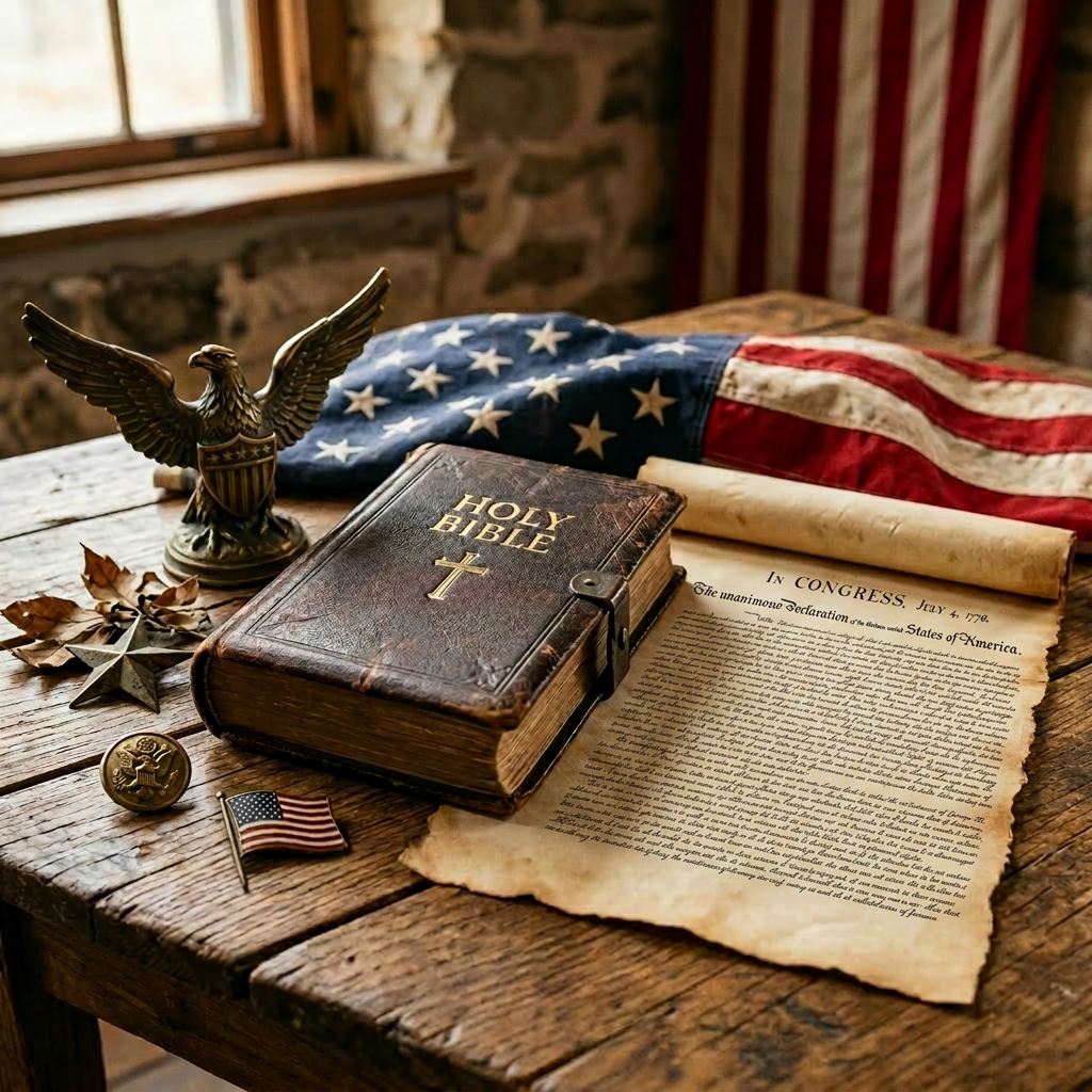 Closed Holy Bible with American flag and patriotic items