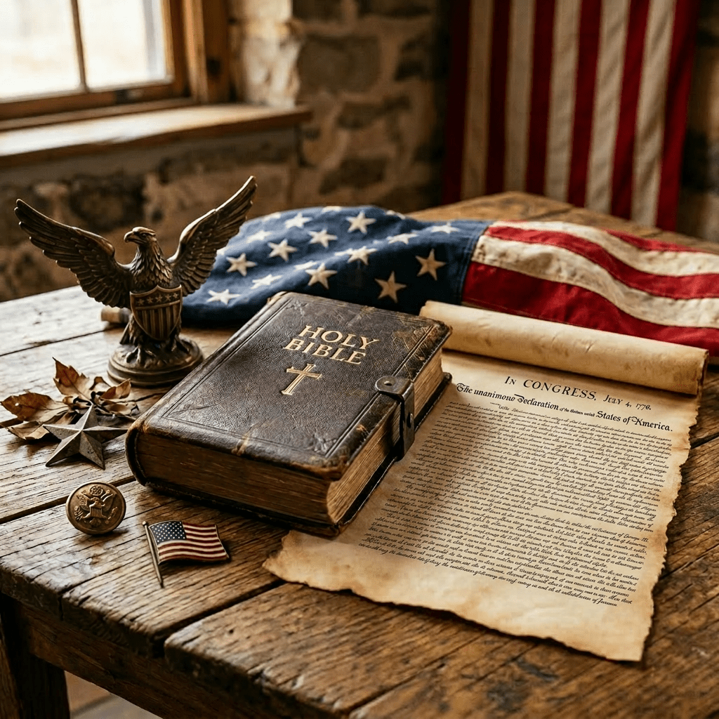 Closed Holy Bible with American flag and patriotic items