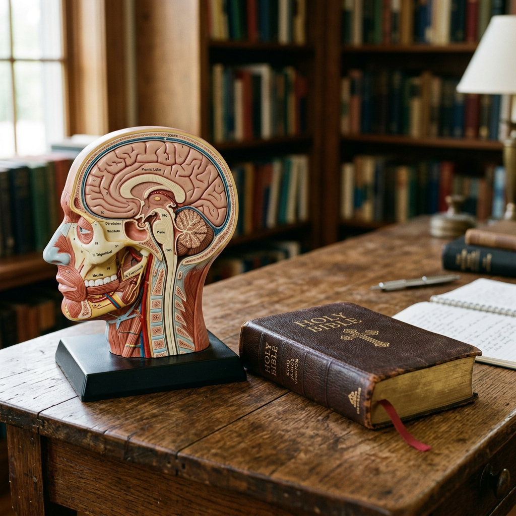 Anatomical brain model showing labeled parts beside a closed Holy Bible on a wooden table