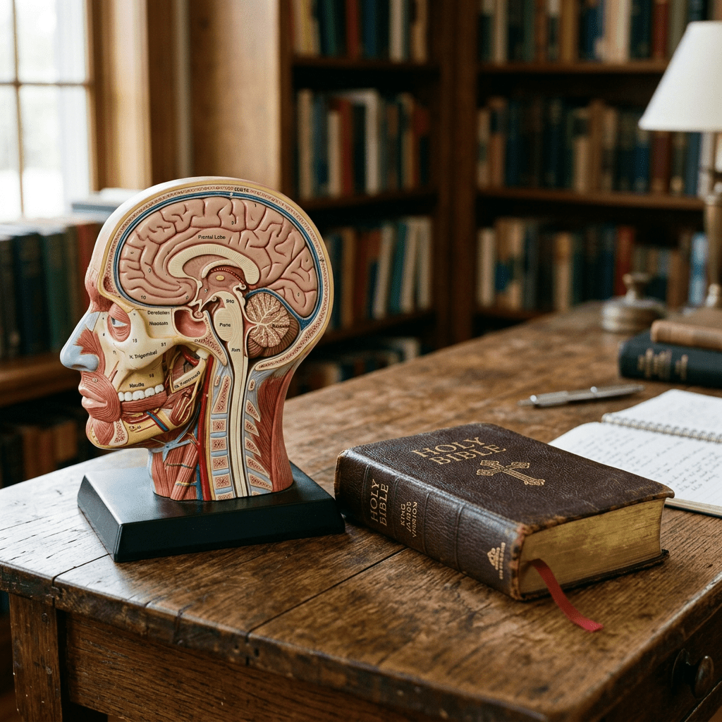 Anatomical brain model showing labeled parts beside a closed Holy Bible on a wooden table