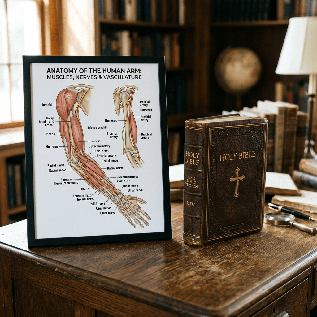 Framed anatomy chart of human arm showing muscles, nerves, and arteries labeled