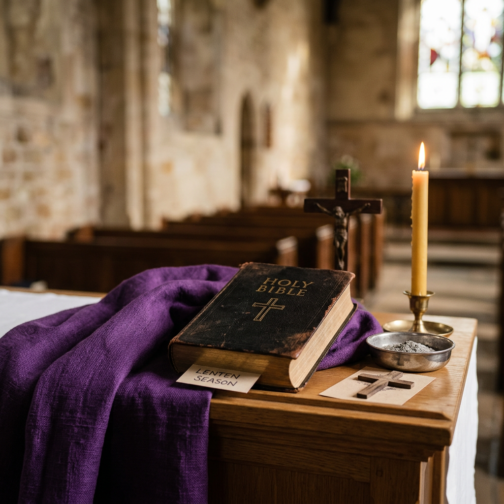Bible on purple cloth with cross, candle, and ashes labeled Lenten season