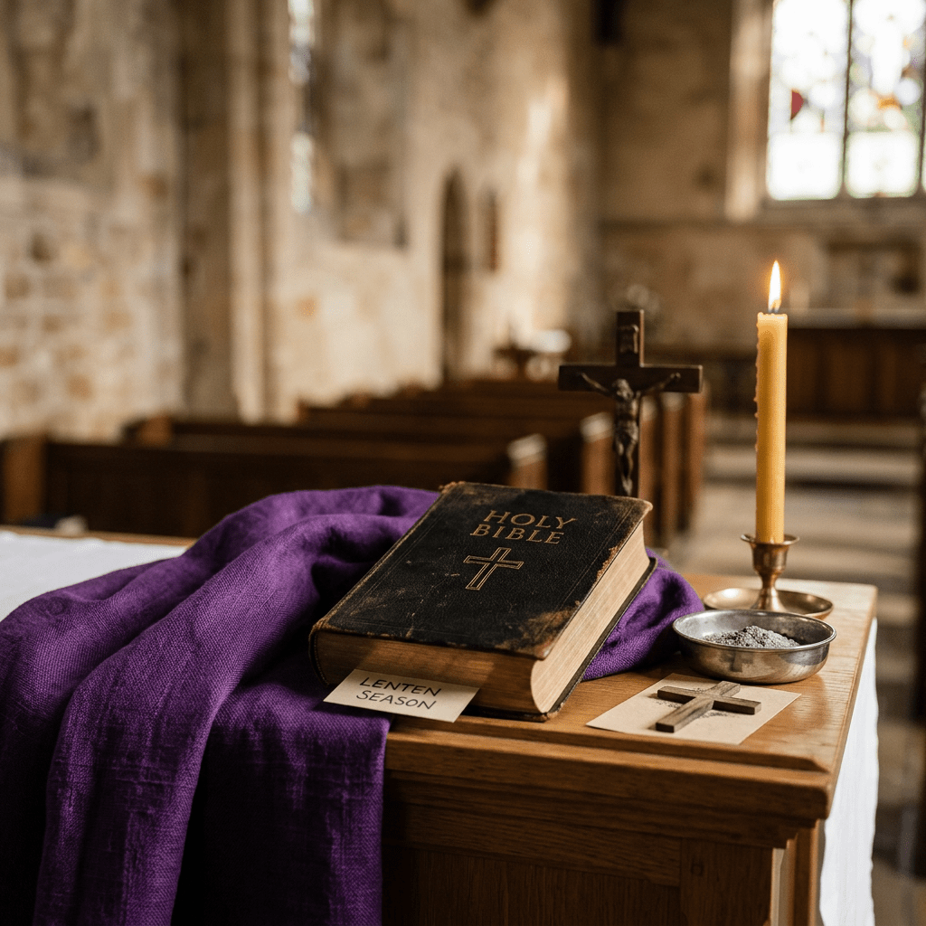 Bible on purple cloth with cross, candle, and ashes labeled Lenten season