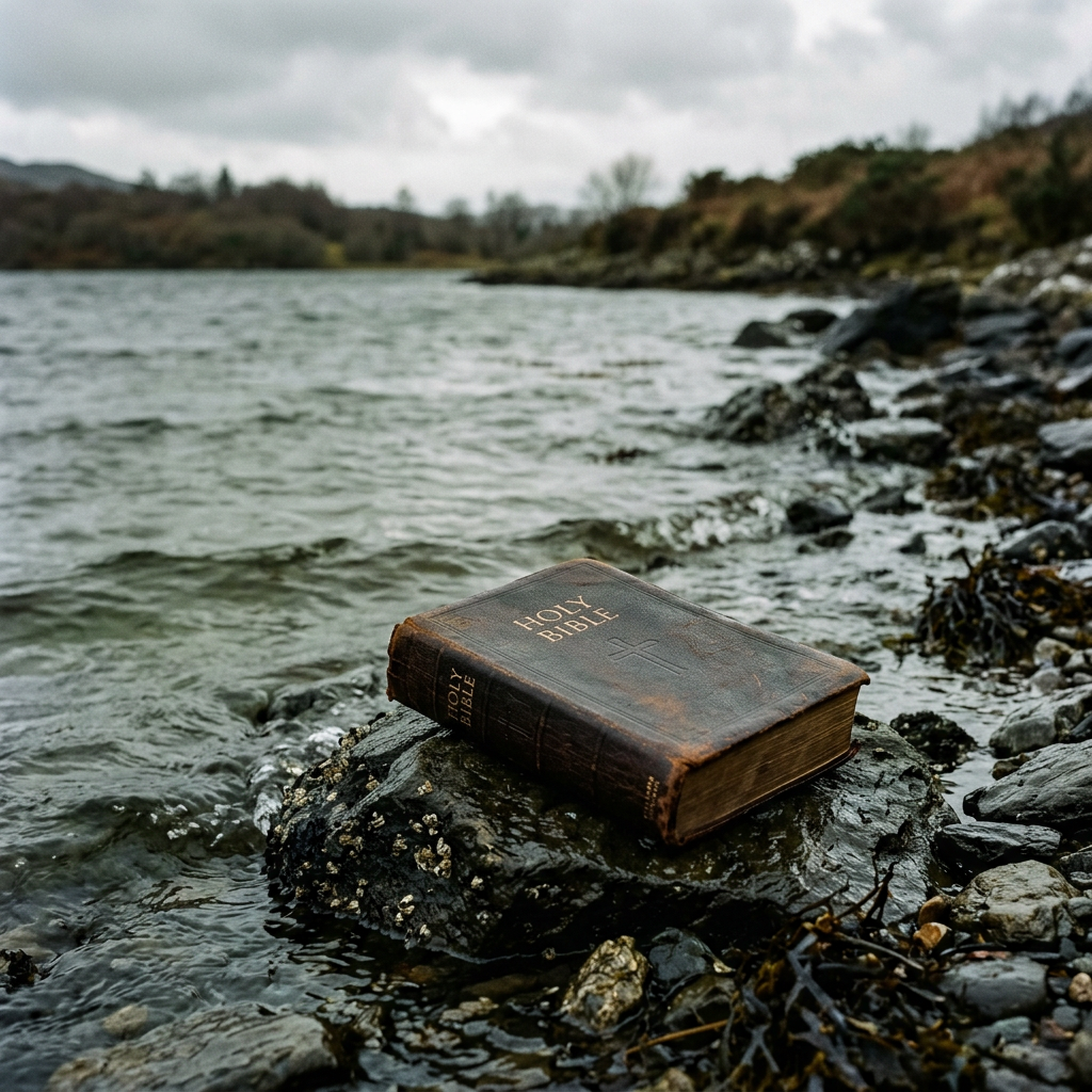 Worn Holy Bible lying on a rock beside a lake with water and shoreline visible