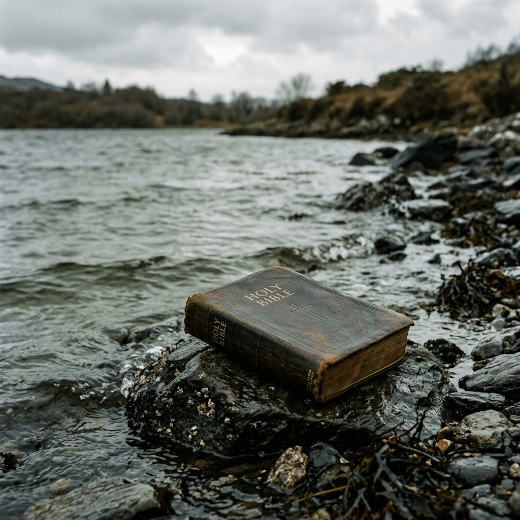 Worn Holy Bible lying on a rock beside a lake with water and shoreline visible